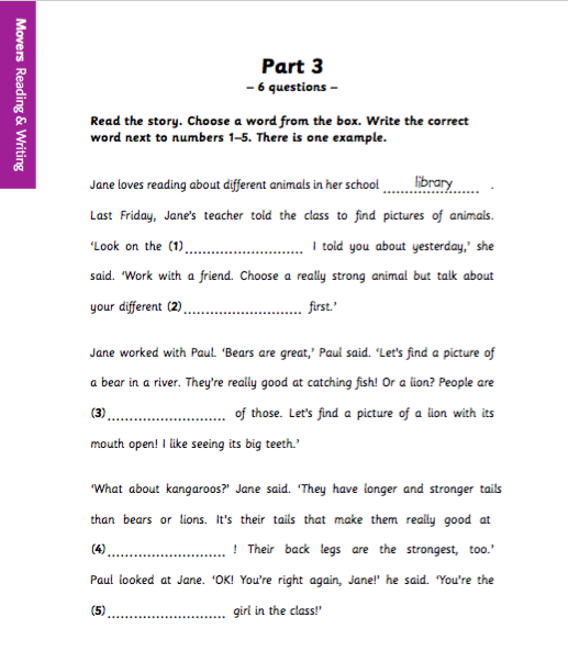 Read the story choose a Word from the Box write the correct Word next to numbers 1-5 ответы. A1 Movers reading and writing ответы. Reading and writing 1 ответы. Муверс Ридинг.