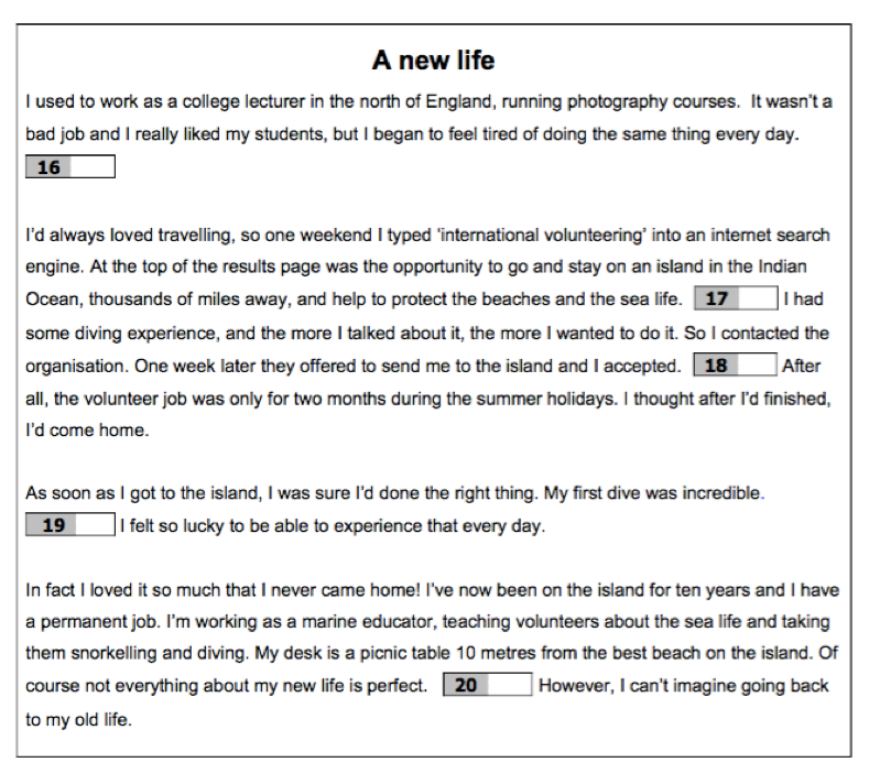 Gap test. B1 preliminary reading Part 4- missing sentences.